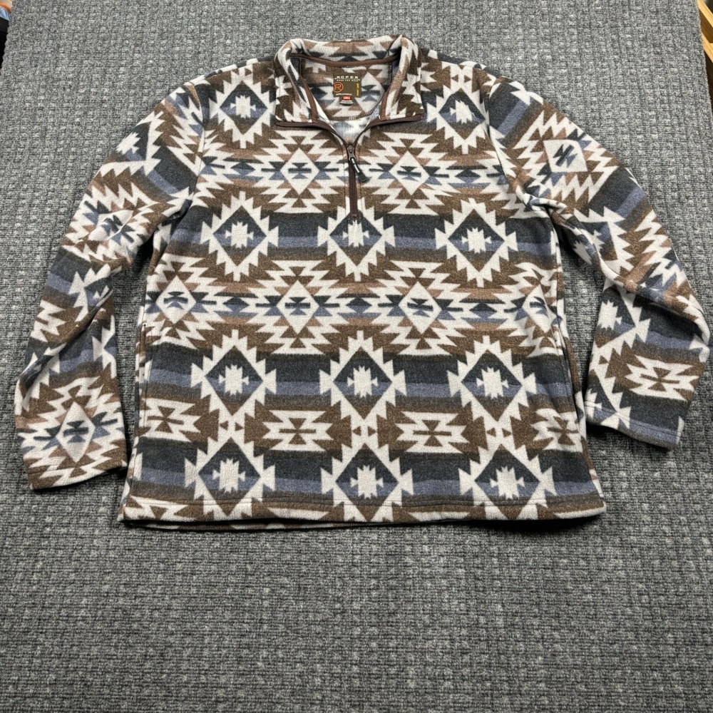 Roper Aztec Fleece Pullover Quarter Zip Southwestern Geometric XL Brown Blue